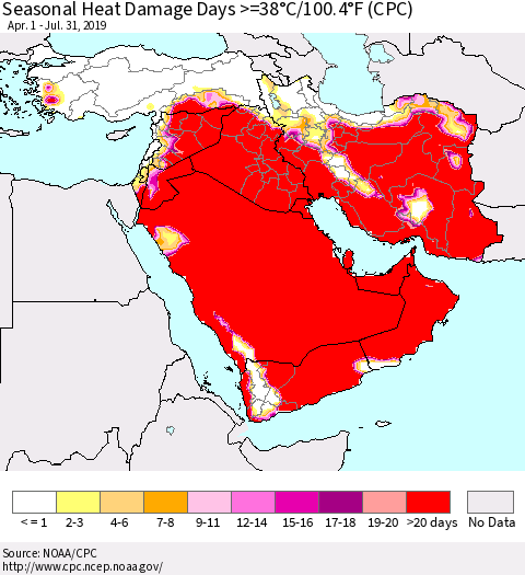Middle East and Turkey Seasonal Heat Damage Days >=38°C/100°F (CPC) Thematic Map For 4/1/2019 - 7/31/2019