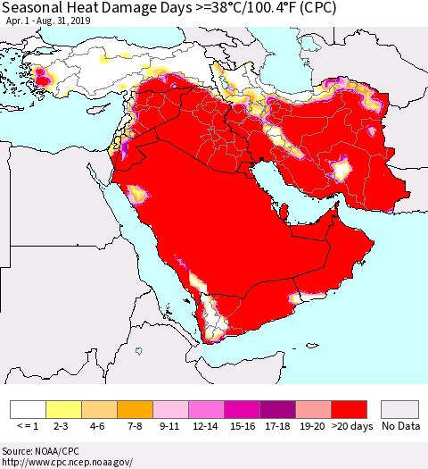 Middle East and Turkey Seasonal Heat Damage Days >=38°C/100°F (CPC) Thematic Map For 4/1/2019 - 8/31/2019