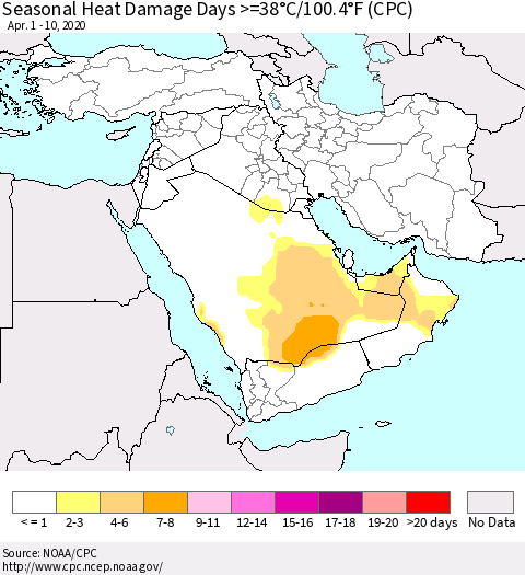 Middle East and Turkey Seasonal Heat Damage Days >=38°C/100°F (CPC) Thematic Map For 4/1/2020 - 4/10/2020