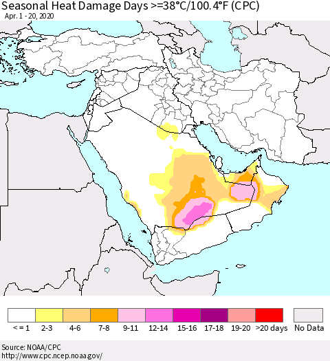 Middle East and Turkey Seasonal Heat Damage Days >=38°C/100°F (CPC) Thematic Map For 4/1/2020 - 4/20/2020