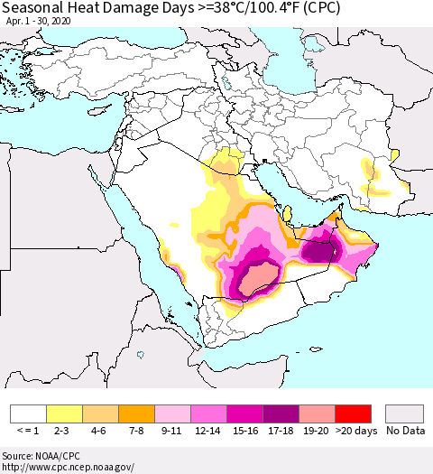 Middle East and Turkey Seasonal Heat Damage Days >=38°C/100°F (CPC) Thematic Map For 4/1/2020 - 4/30/2020