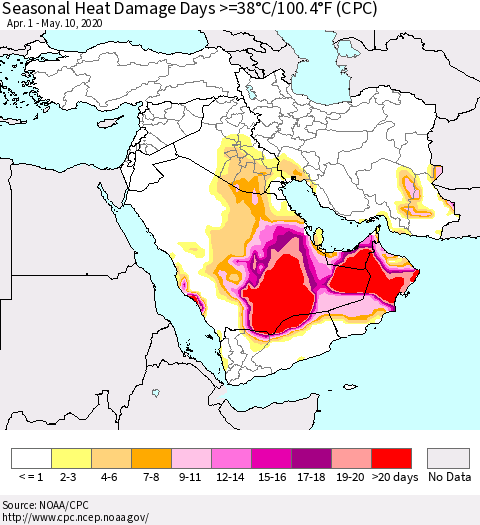 Middle East and Turkey Seasonal Heat Damage Days >=38°C/100°F (CPC) Thematic Map For 4/1/2020 - 5/10/2020