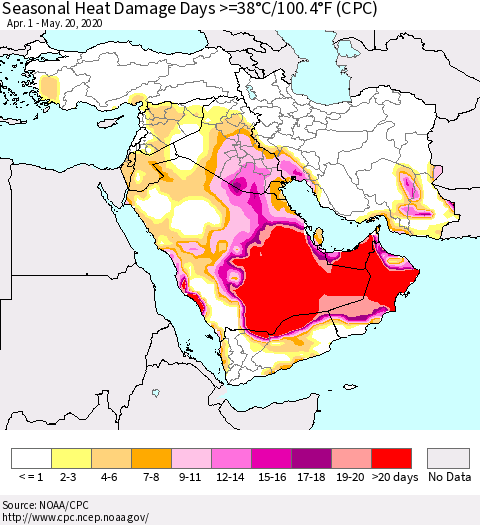 Middle East and Turkey Seasonal Heat Damage Days >=38°C/100°F (CPC) Thematic Map For 4/1/2020 - 5/20/2020