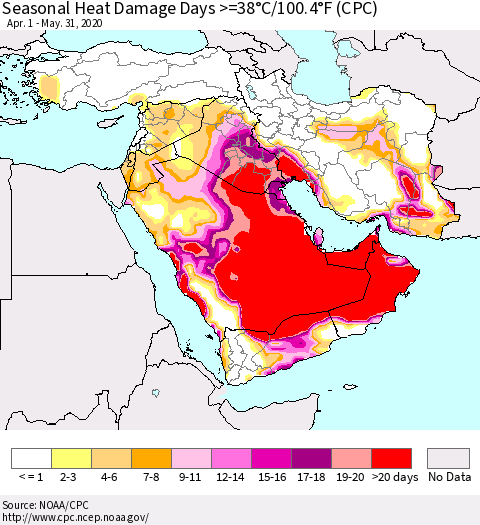 Middle East and Turkey Seasonal Heat Damage Days >=38°C/100°F (CPC) Thematic Map For 4/1/2020 - 5/31/2020
