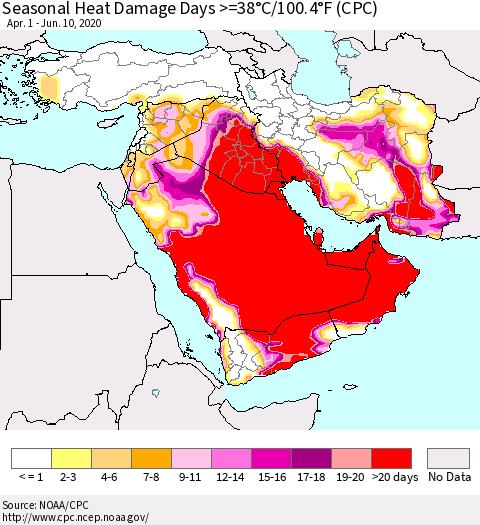 Middle East and Turkey Seasonal Heat Damage Days >=38°C/100°F (CPC) Thematic Map For 4/1/2020 - 6/10/2020