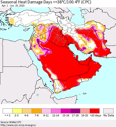 Middle East and Turkey Seasonal Heat Damage Days >=38°C/100°F (CPC) Thematic Map For 4/1/2020 - 6/20/2020