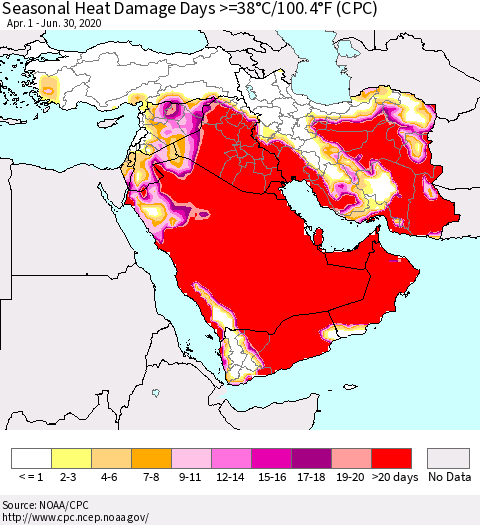 Middle East and Turkey Seasonal Heat Damage Days >=38°C/100°F (CPC) Thematic Map For 4/1/2020 - 6/30/2020