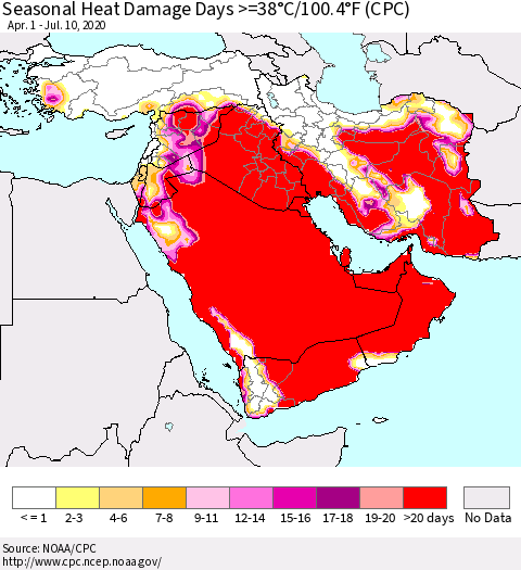 Middle East and Turkey Seasonal Heat Damage Days >=38°C/100°F (CPC) Thematic Map For 4/1/2020 - 7/10/2020