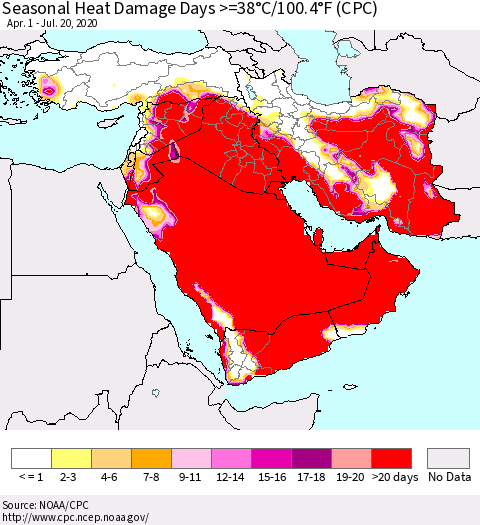 Middle East and Turkey Seasonal Heat Damage Days >=38°C/100°F (CPC) Thematic Map For 4/1/2020 - 7/20/2020