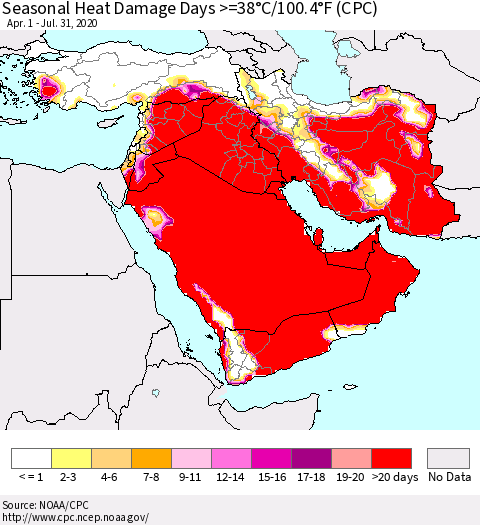 Middle East and Turkey Seasonal Heat Damage Days >=38°C/100°F (CPC) Thematic Map For 4/1/2020 - 7/31/2020