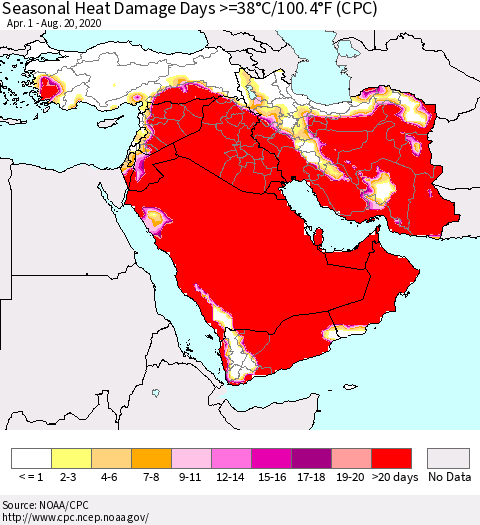 Middle East and Turkey Seasonal Heat Damage Days >=38°C/100°F (CPC) Thematic Map For 4/1/2020 - 8/20/2020
