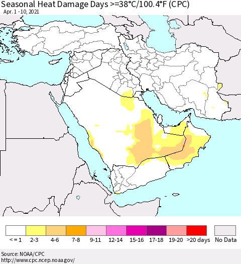 Middle East and Turkey Seasonal Heat Damage Days >=38°C/100°F (CPC) Thematic Map For 4/1/2021 - 4/10/2021