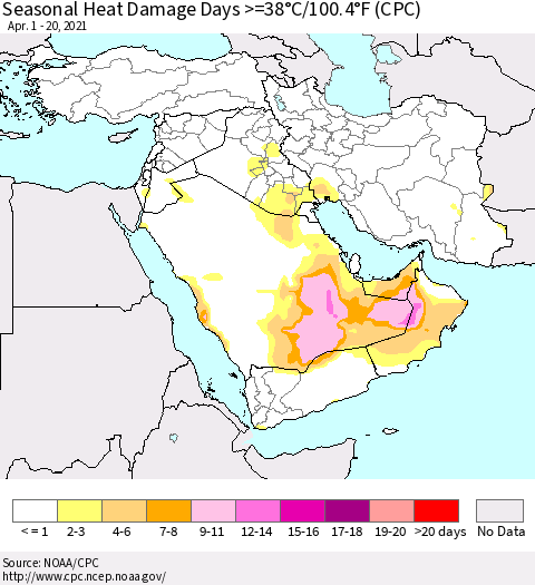 Middle East and Turkey Seasonal Heat Damage Days >=38°C/100°F (CPC) Thematic Map For 4/1/2021 - 4/20/2021