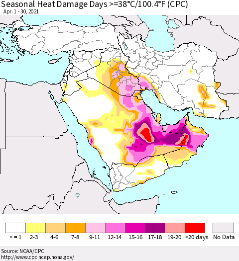 Middle East and Turkey Seasonal Heat Damage Days >=38°C/100°F (CPC) Thematic Map For 4/1/2021 - 4/30/2021