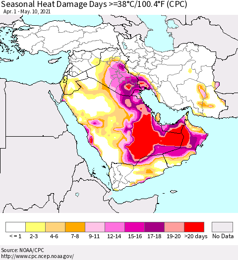 Middle East and Turkey Seasonal Heat Damage Days >=38°C/100°F (CPC) Thematic Map For 4/1/2021 - 5/10/2021
