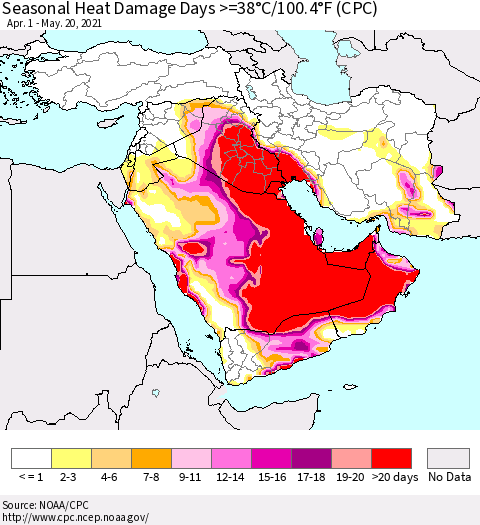 Middle East and Turkey Seasonal Heat Damage Days >=38°C/100°F (CPC) Thematic Map For 4/1/2021 - 5/20/2021