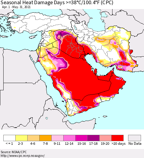Middle East and Turkey Seasonal Heat Damage Days >=38°C/100°F (CPC) Thematic Map For 4/1/2021 - 5/31/2021