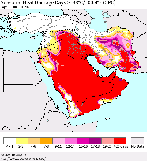 Middle East and Turkey Seasonal Heat Damage Days >=38°C/100°F (CPC) Thematic Map For 4/1/2021 - 6/10/2021