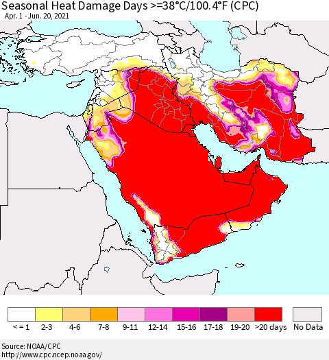 Middle East and Turkey Seasonal Heat Damage Days >=38°C/100°F (CPC) Thematic Map For 4/1/2021 - 6/20/2021