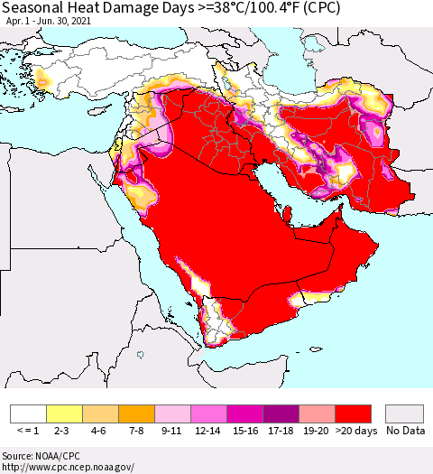 Middle East and Turkey Seasonal Heat Damage Days >=38°C/100°F (CPC) Thematic Map For 4/1/2021 - 6/30/2021