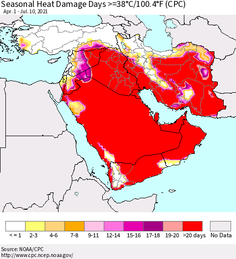 Middle East and Turkey Seasonal Heat Damage Days >=38°C/100°F (CPC) Thematic Map For 4/1/2021 - 7/10/2021