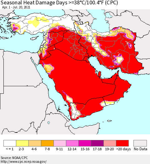 Middle East and Turkey Seasonal Heat Damage Days >=38°C/100°F (CPC) Thematic Map For 4/1/2021 - 7/20/2021
