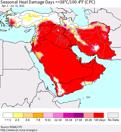 Middle East and Turkey Seasonal Heat Damage Days >=38°C/100°F (CPC) Thematic Map For 4/1/2021 - 7/31/2021