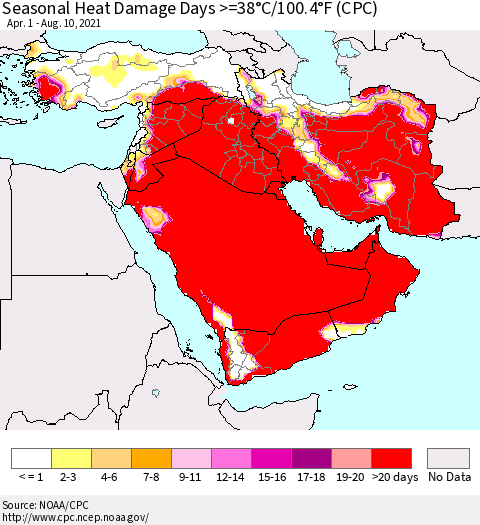 Middle East and Turkey Seasonal Heat Damage Days >=38°C/100°F (CPC) Thematic Map For 4/1/2021 - 8/10/2021