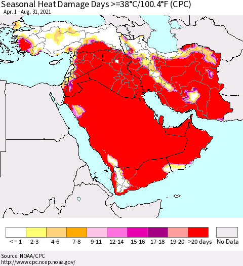Middle East and Turkey Seasonal Heat Damage Days >=38°C/100°F (CPC) Thematic Map For 4/1/2021 - 8/31/2021