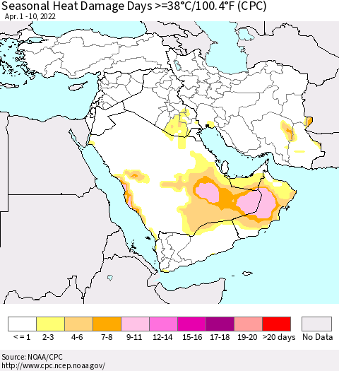 Middle East and Turkey Seasonal Heat Damage Days >=38°C/100°F (CPC) Thematic Map For 4/1/2022 - 4/10/2022
