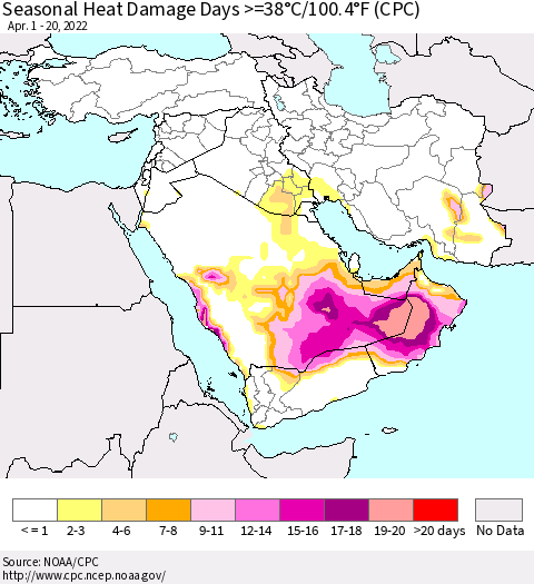 Middle East and Turkey Seasonal Heat Damage Days >=38°C/100°F (CPC) Thematic Map For 4/1/2022 - 4/20/2022