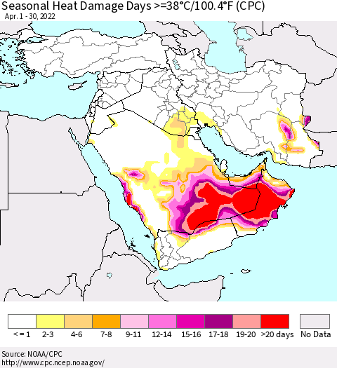 Middle East and Turkey Seasonal Heat Damage Days >=38°C/100°F (CPC) Thematic Map For 4/1/2022 - 4/30/2022