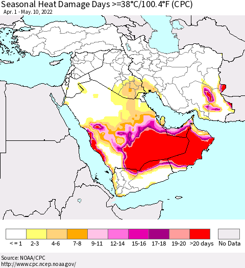 Middle East and Turkey Seasonal Heat Damage Days >=38°C/100°F (CPC) Thematic Map For 4/1/2022 - 5/10/2022