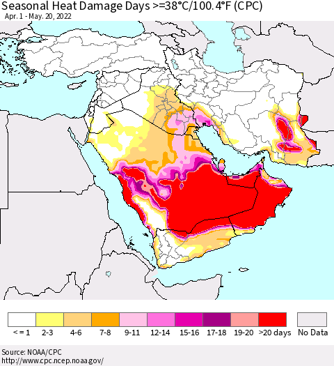 Middle East and Turkey Seasonal Heat Damage Days >=38°C/100°F (CPC) Thematic Map For 4/1/2022 - 5/20/2022