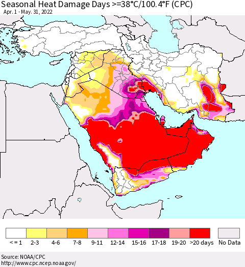 Middle East and Turkey Seasonal Heat Damage Days >=38°C/100°F (CPC) Thematic Map For 4/1/2022 - 5/31/2022