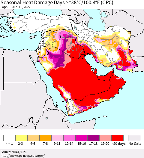 Middle East and Turkey Seasonal Heat Damage Days >=38°C/100°F (CPC) Thematic Map For 4/1/2022 - 6/10/2022