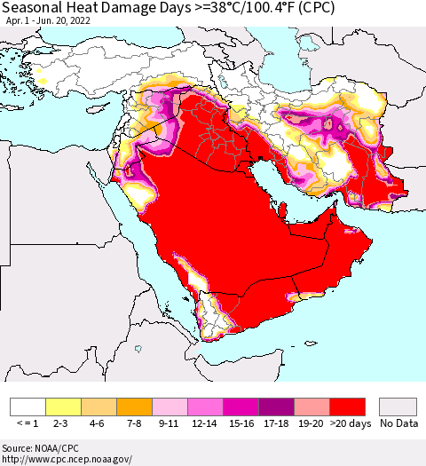 Middle East and Turkey Seasonal Heat Damage Days >=38°C/100°F (CPC) Thematic Map For 4/1/2022 - 6/20/2022