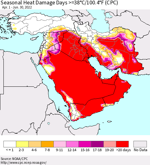 Middle East and Turkey Seasonal Heat Damage Days >=38°C/100°F (CPC) Thematic Map For 4/1/2022 - 6/30/2022