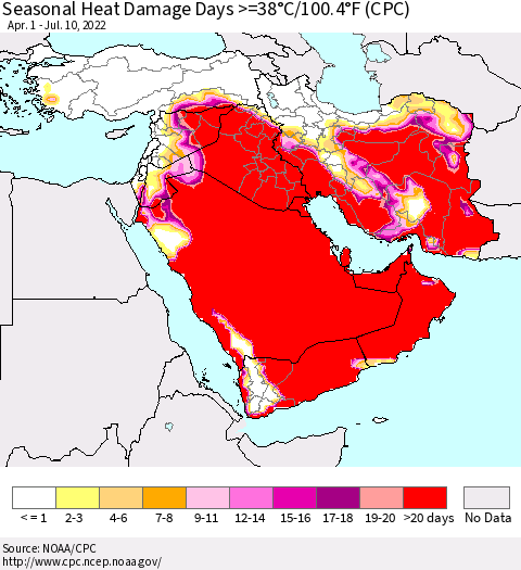 Middle East and Turkey Seasonal Heat Damage Days >=38°C/100°F (CPC) Thematic Map For 4/1/2022 - 7/10/2022