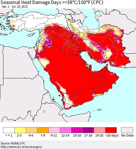 Middle East and Turkey Seasonal Heat Damage Days >=38°C/100°F (CPC) Thematic Map For 4/1/2022 - 7/20/2022