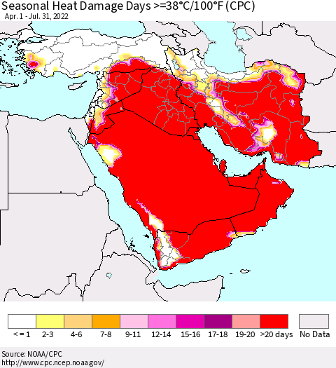 Middle East and Turkey Seasonal Heat Damage Days >=38°C/100°F (CPC) Thematic Map For 4/1/2022 - 7/31/2022