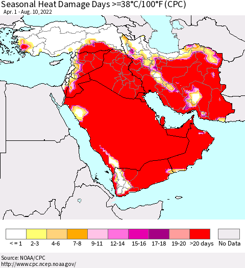 Middle East and Turkey Seasonal Heat Damage Days >=38°C/100°F (CPC) Thematic Map For 4/1/2022 - 8/10/2022