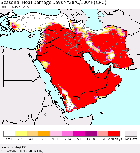 Middle East and Turkey Seasonal Heat Damage Days >=38°C/100°F (CPC) Thematic Map For 4/1/2022 - 8/31/2022