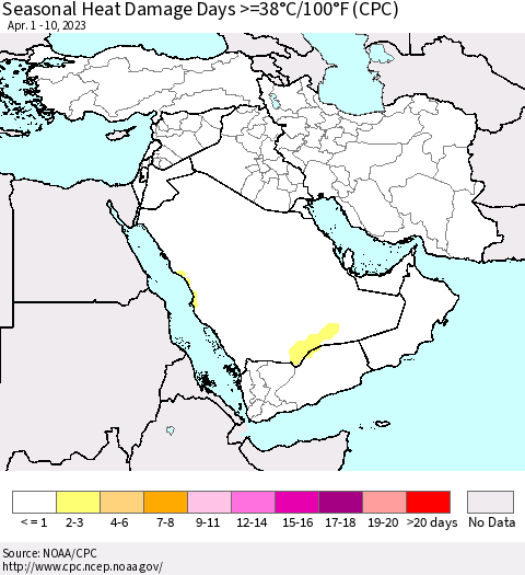 Middle East and Turkey Seasonal Heat Damage Days >=38°C/100°F (CPC) Thematic Map For 4/1/2023 - 4/10/2023