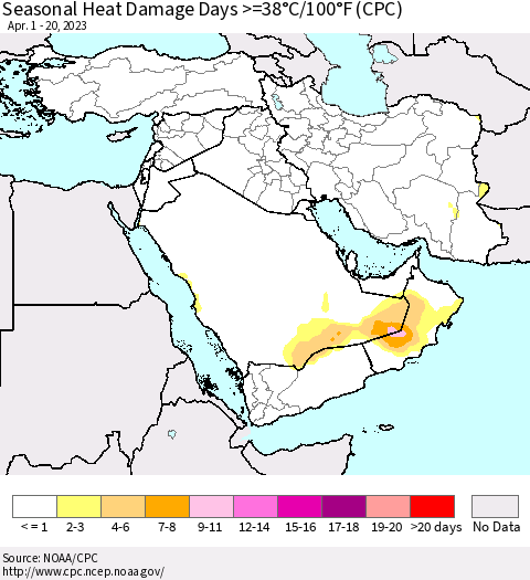 Middle East and Turkey Seasonal Heat Damage Days >=38°C/100°F (CPC) Thematic Map For 4/1/2023 - 4/20/2023
