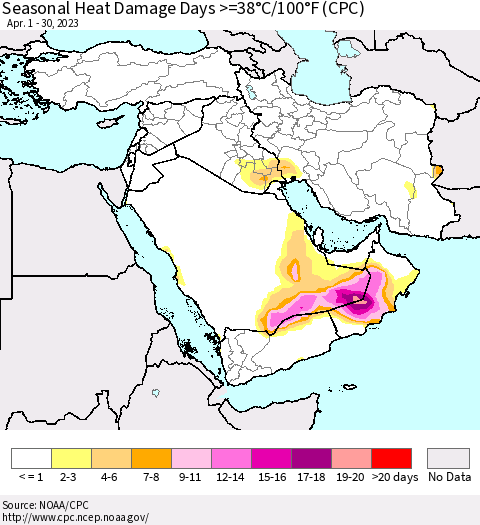 Middle East and Turkey Seasonal Heat Damage Days >=38°C/100°F (CPC) Thematic Map For 4/1/2023 - 4/30/2023