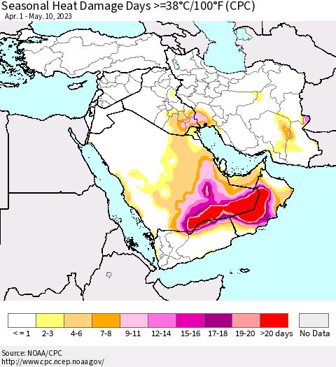 Middle East and Turkey Seasonal Heat Damage Days >=38°C/100°F (CPC) Thematic Map For 4/1/2023 - 5/10/2023
