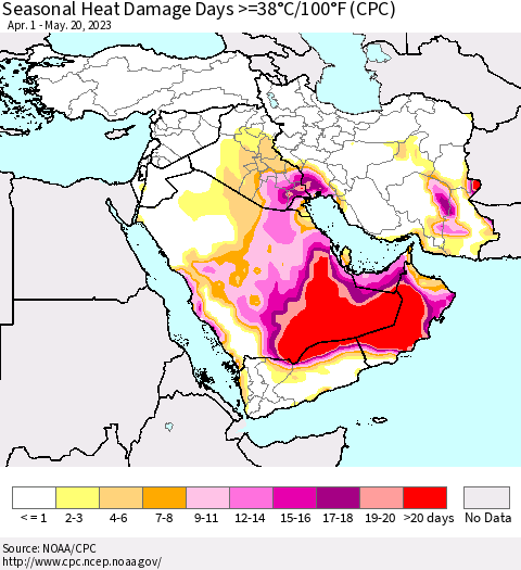 Middle East and Turkey Seasonal Heat Damage Days >=38°C/100°F (CPC) Thematic Map For 4/1/2023 - 5/20/2023