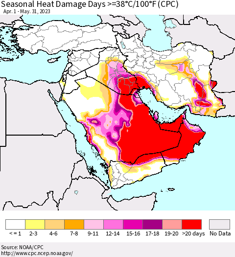 Middle East and Turkey Seasonal Heat Damage Days >=38°C/100°F (CPC) Thematic Map For 4/1/2023 - 5/31/2023