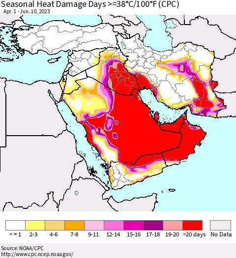 Middle East and Turkey Seasonal Heat Damage Days >=38°C/100°F (CPC) Thematic Map For 4/1/2023 - 6/10/2023